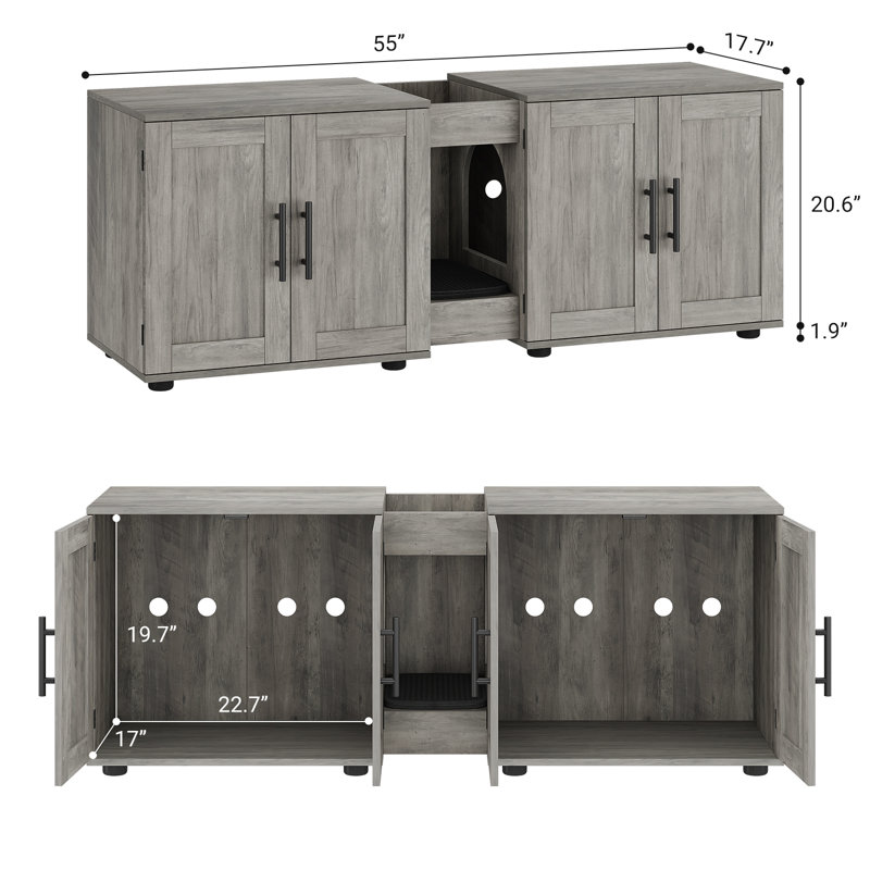 55 Inches Wooden Cat Litter Box Enclosure for 2 Cats, Hidden Litter Boxes Furniture with Cat Scratch Pad, Cat House Washroom Storage Cabinet Side End Table,140 x 45 x 52 cm