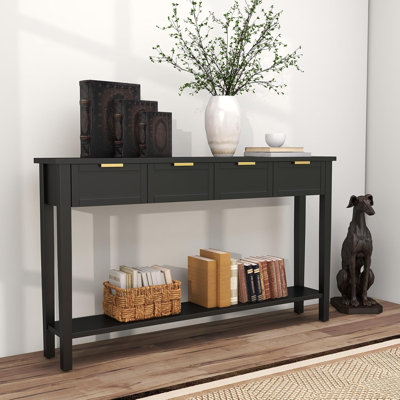 Long Sofa Table with 4 Drawers - Modern Black Console with 1 Shelf, 60" x 15" x 16" Wood Hallway  Entryway Table for Living Room, Bedroom, Kitchen