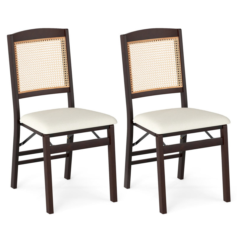  Ensemble de 2 chaises de salle à manger pliantes, structure en bois d'hévéa avec siège rembourré en lin et dossier en rotin tissé, conception peu encombrante pour la cuisine, la salle à manger et les petits espaces, café