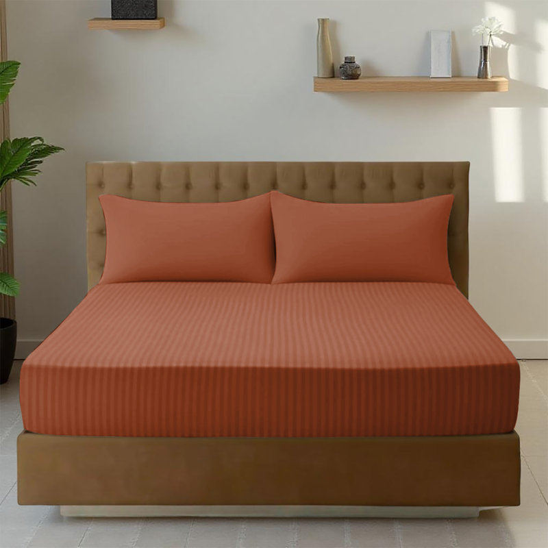 Premium Stripe Fitted Sheet - Deep Pocket, Wrinkle-Free, Ultra Soft Microfiber Bed Sheet, Single (3'), Rust Striped