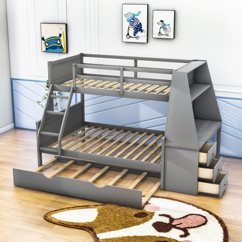 Fahira Kids Twin Over Full Bunk Bed with Trundle with Drawers, Gray