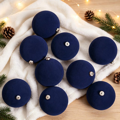 9Pcs 3.93" Navy Blue Flocked Velvet Christmas Balls Ornaments, Shatterproof Plastic Hanging Xmas Tree Decor Balls with Gift Box for Holiday Party Home Decoration (Set of 9)
