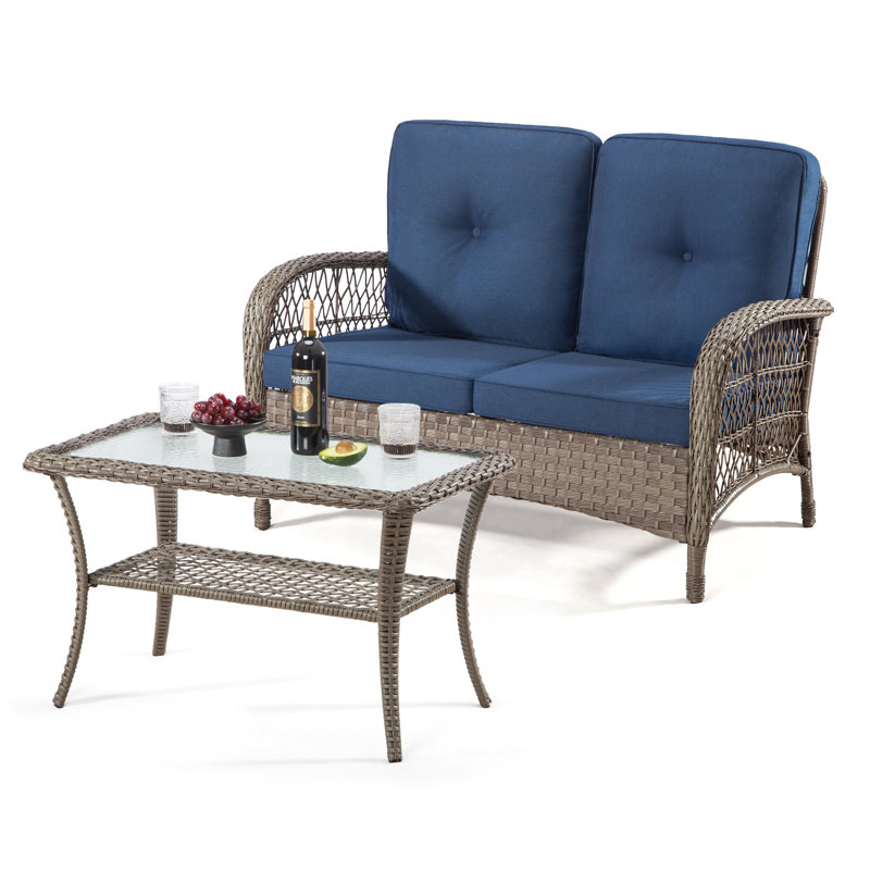 Ensemble de conversation en rotin 2 pièces avec siège et table Mertis, Bleu
