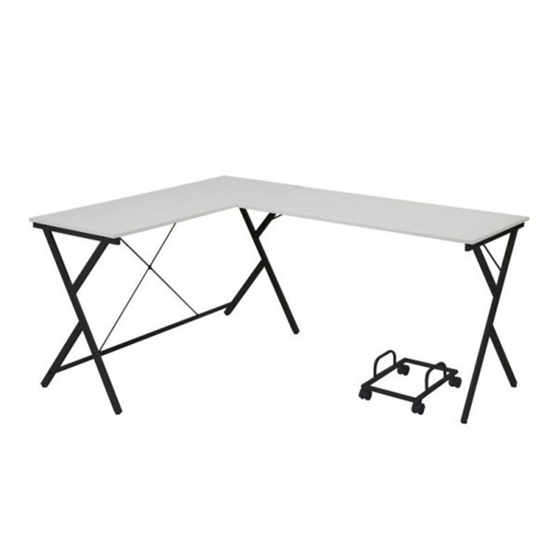 Demico L-Shaped Metal Base Computer Desk, White/Black