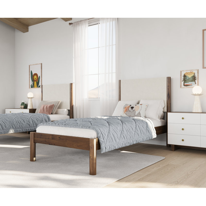 Ardin Solid Wood Bed Frame With Cream Boucle Upholstered Headboard, Walnut, Twin