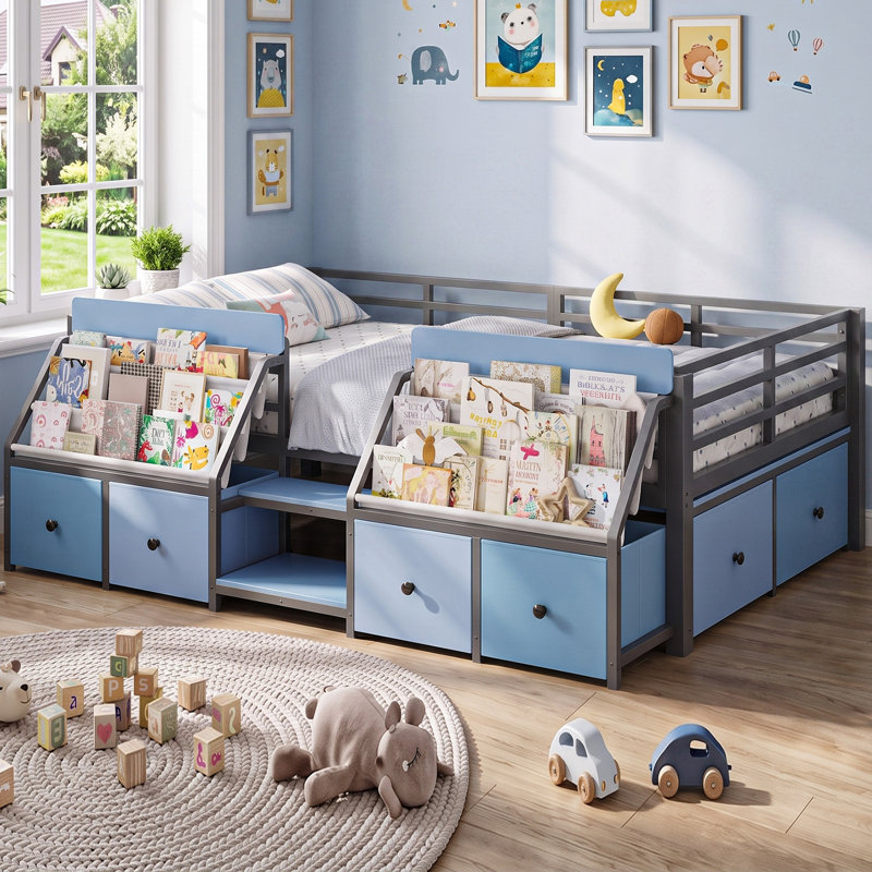 Lit mezzanine d'angle pour enfant (taille simple), style Montessori, en métal, avec porte-revues pivotants et tiroirs de rangement, cadre de lit simple, sommier non requis