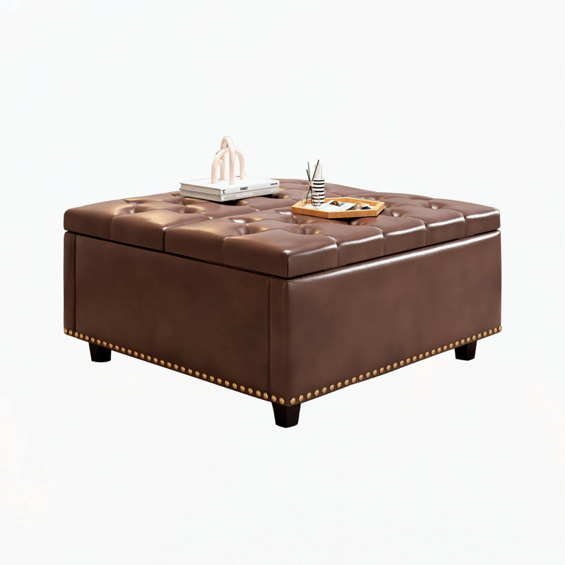 Mid-century Coffee Table with Nailhead Inlay,Modern Storage Stool with 2 Storage Doors, Brown