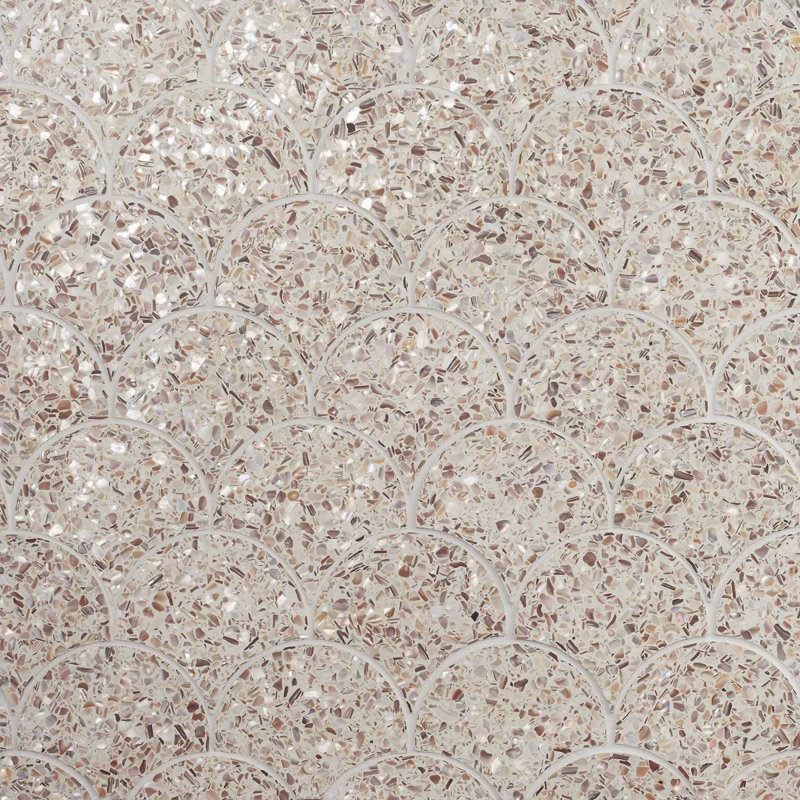 Reef 5" Fish Scale Polished Pearl Terrazzo Mosaic Tile, Cream