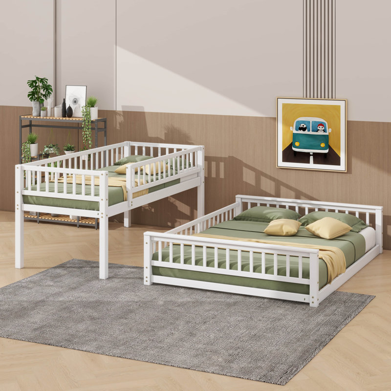 Lit superposé simple au-dessus de grand lit moderne avec échelle intégrée et garde-corps fiables, Blanc