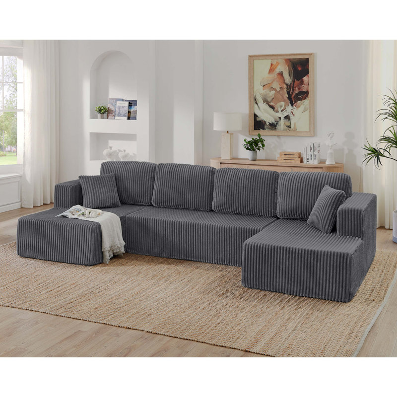 Canapé modulaire en U modulaire en forme de U avec revêtement en velours côtelé minimaliste moderne, canapé-lit convertible pour le salon et la chambre à coucher, peu encombrant, gris