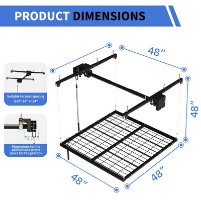 Supports de rangement pour plafond de garage 4 pi 4 po, support de garage manuel à manivelle, support de plafond robuste en acier au carbone, hauteur réglable, capacité de 350 lb