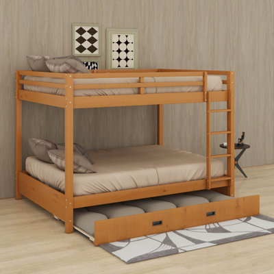 Wood Queen Size Bunk Bed With Ladder And Trundle