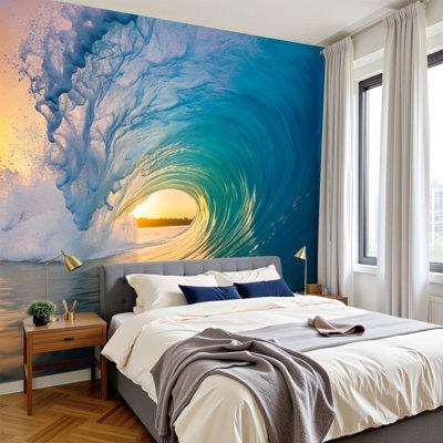 Papier peint pelez et collez Vague d'océan géante qui se recroqueville sur la côte tropicale Coucher de soleil murales côtières H 100 po x l 144 po Papier mural amovible en PVC auto-adhésif pour le salon de la chambre Bureau à domicile