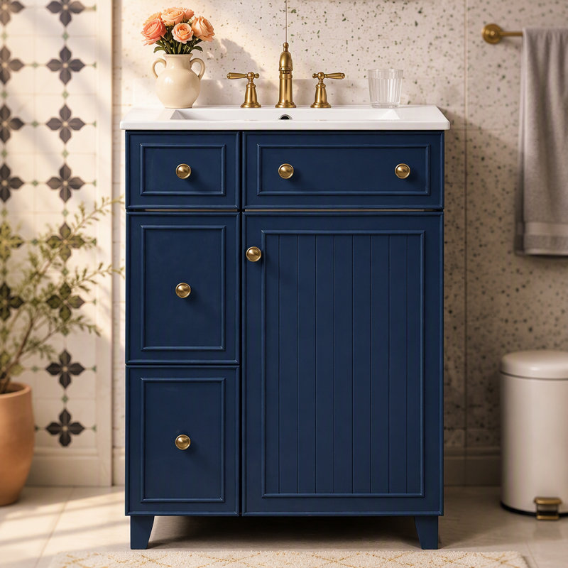 Armoire de meuble-lavabo 24 po avec lavabo en céramique, 2 tiroirs, 1 porte, Bleu