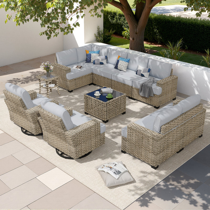 Tommy Outdoor Wicker 9 Person Seating Group With Cushions, Gray