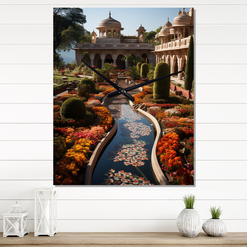 Horloge murale moderne avec art indien beige et jardins moghols, Grand
