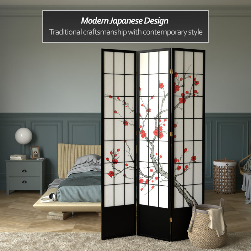 83.5" Cherry Blossom Shoji Room Divider, Black, 3