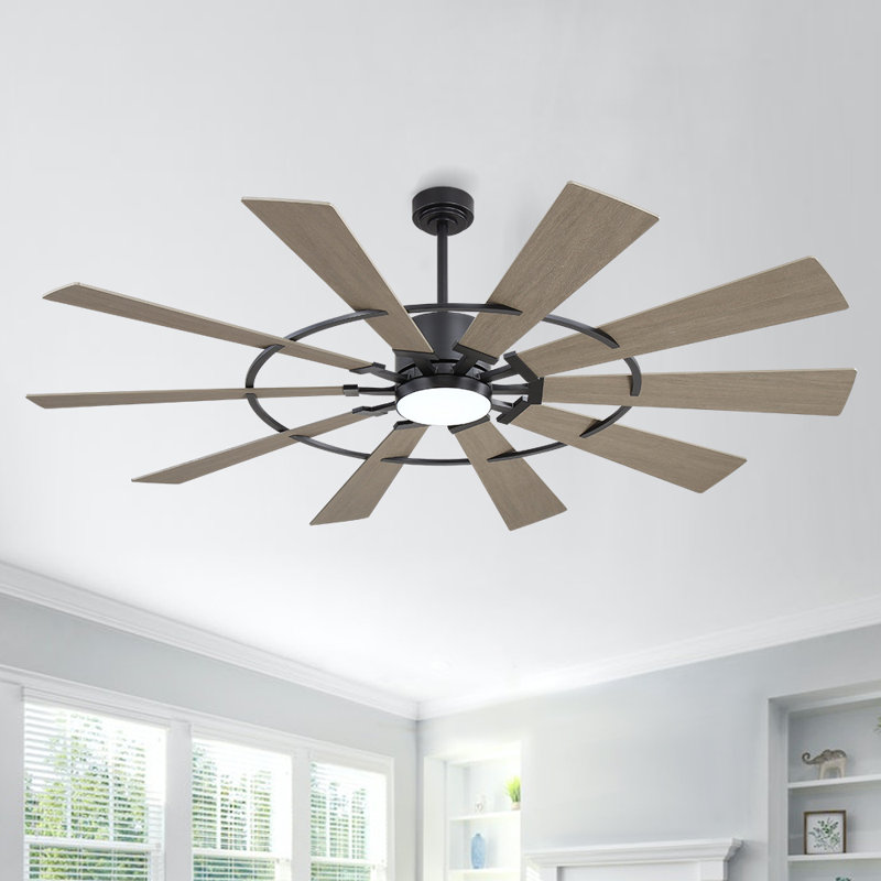 Ventilateur de plafond à 10 pales 84 pouces avec lumières et télécommande 3 lumières, Bois gris, Noir, 84 po de largeur