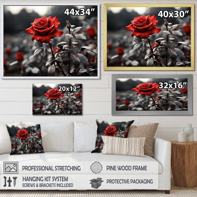 «Red Rose Over Greyscale», reproduction d'art sur toile, Cadre simple noir, H 12 po x l 20 po x P 1 po