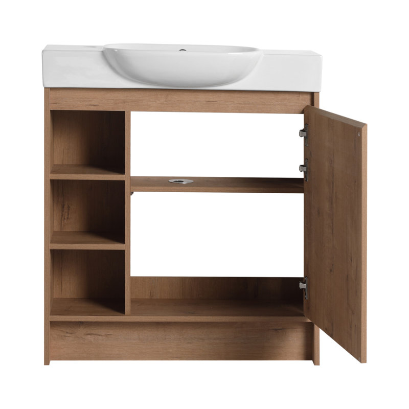 Meuble-lavabo autoportant de 30 po avec lavabo en céramique blanche et porte à fermeture en douceur, emballage KD