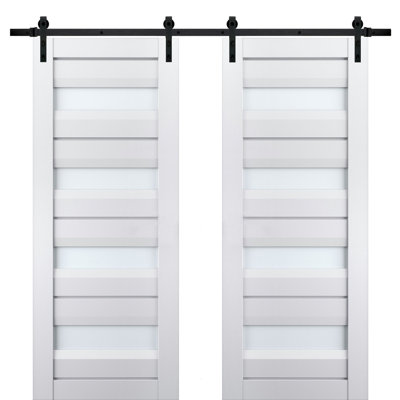 Porte de grange double robuste avec verre dépoli Veregio 7455 Blanc Soie, supports de rail de 4 m (13 pi), portes intérieures à panneaux pleins et lourds - 183 cm x 244 cm (72 po x 96 po) (2 x 91 cm x 244 cm) - Rail noir