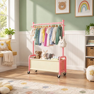 Portant à vêtements rose pour enfants avec hauteur réglable, tablette inférieure en tissu et crochets latéraux pour l'organisation de garde-robe portable
