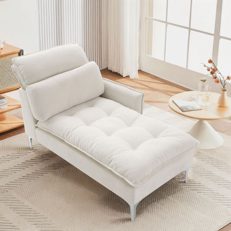 55" Upholstered One Arm Chaise Lounge Chair with Adjustable Headrests And Lumbar Pillow, Beige