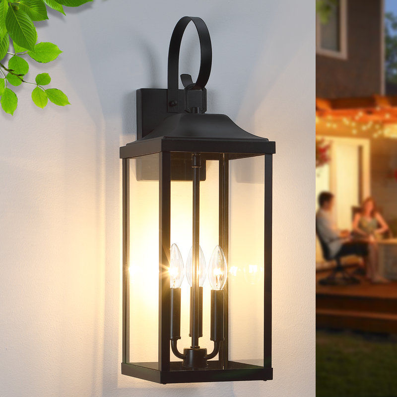 24 in. 3-Light Outdoor Wall Lantern with Clear Glass, No, Matte Black