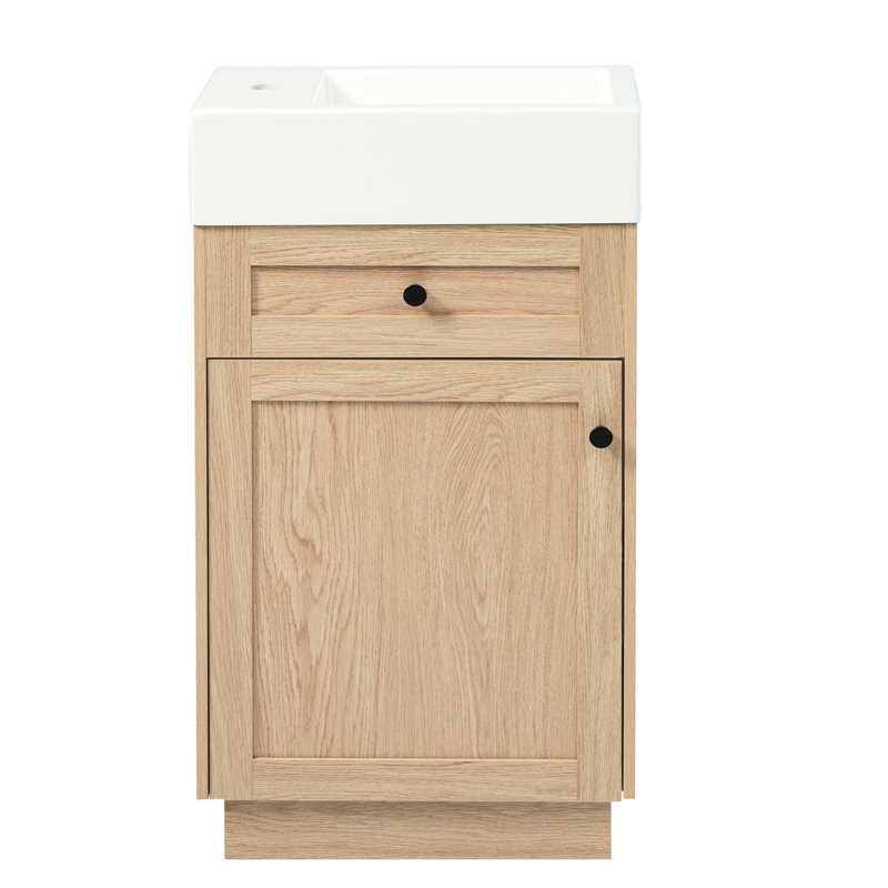 Meuble-lavabo de 18,5 po de style rustique avec lavabo en résine réversible, fabrication d'armoire, tablette intérieure réglable pour un rangement personnalisé, poignées élégantes en alliage de zinc, surface en grain de bois, conception à fermeture en douceur