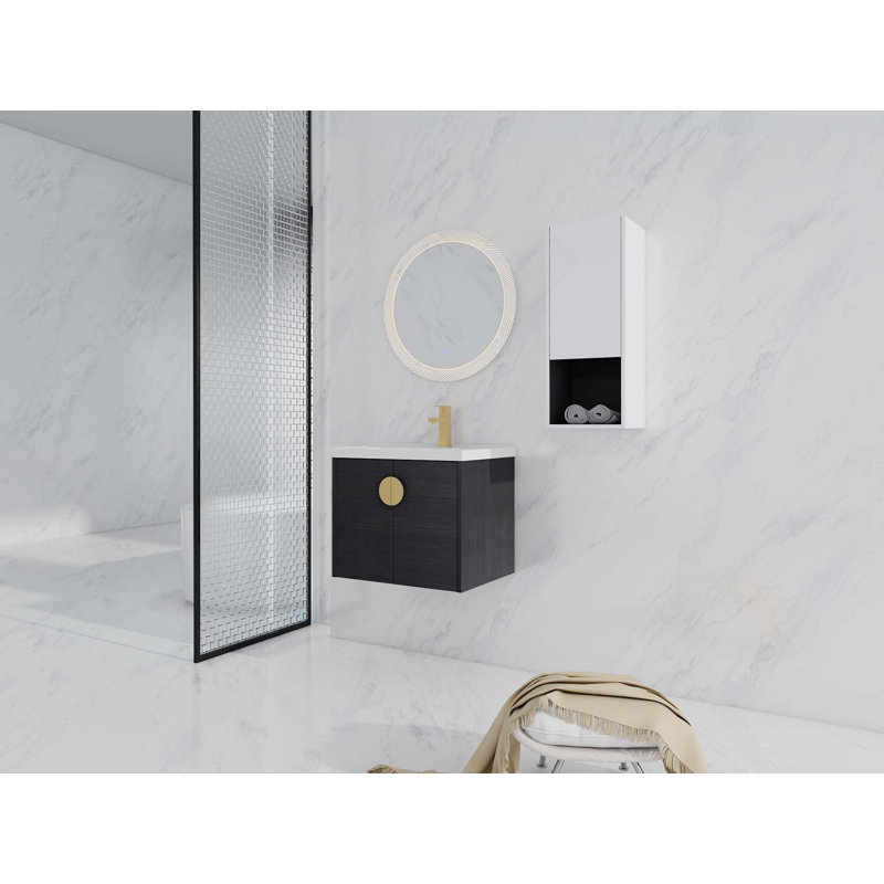 Meuble-lavabo mural avec lavabo en céramique et armoire latérale à 1 porte, portes à fermeture douce (KD-Packing), 24"