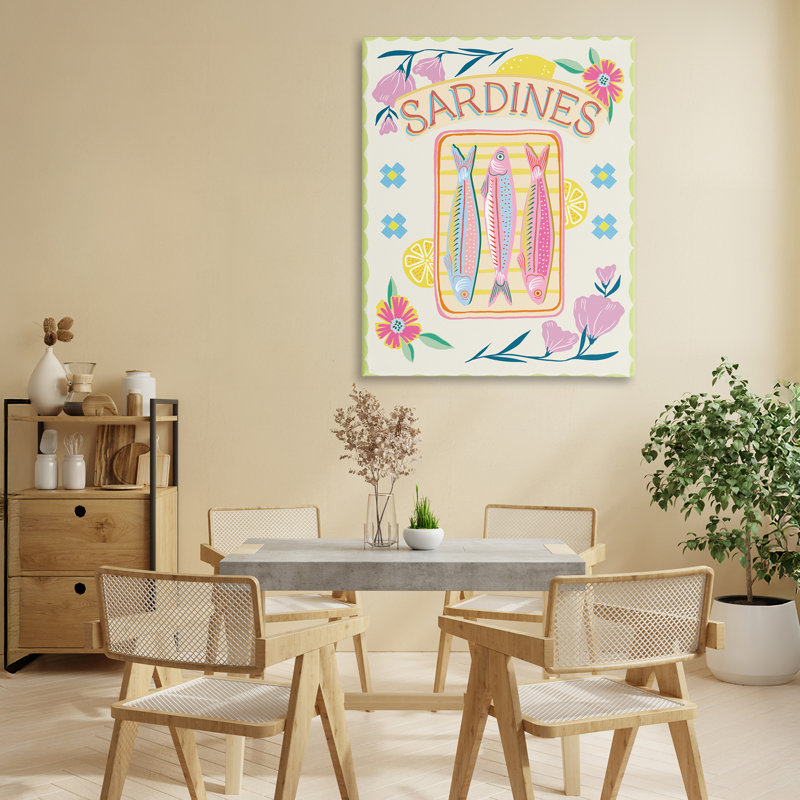 Toile pastel avec sardines et fleurs, design par Jo Reid, H 30 po x l 24 po