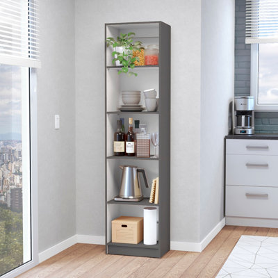 Matt Gray And White Bookcase - 5 Shelf Space Efficient Design Slim Home Organization