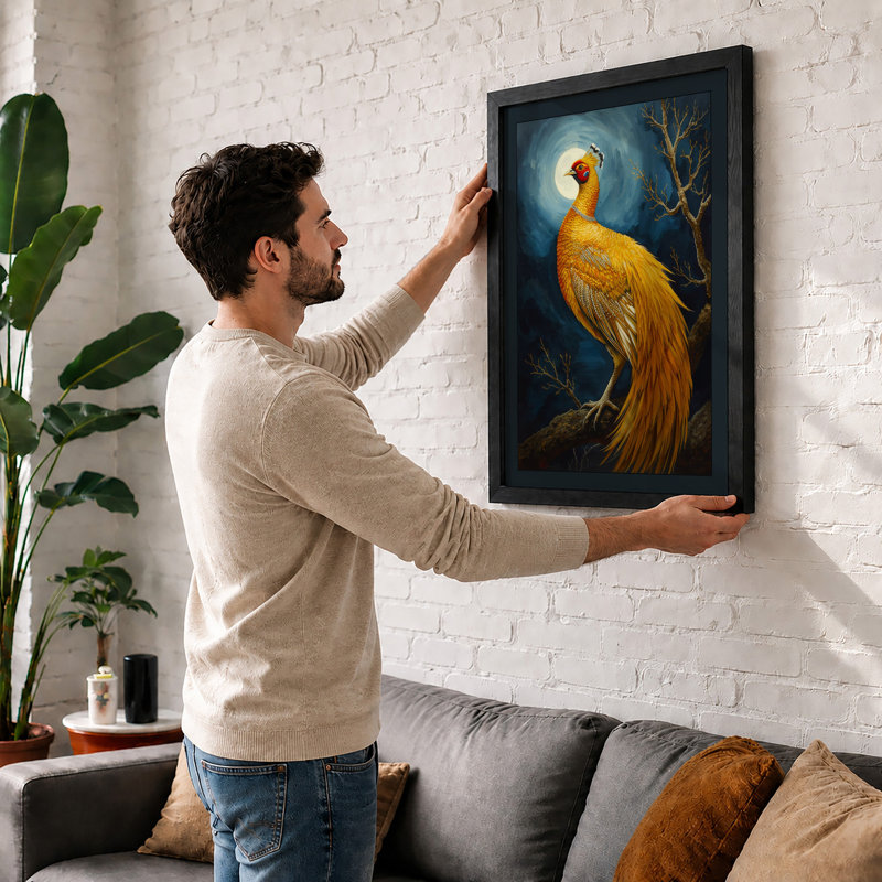 Moonlit Bird in Branch Japandi - Framed Print, Oak, A4 - 29.7 x 21.0 cm