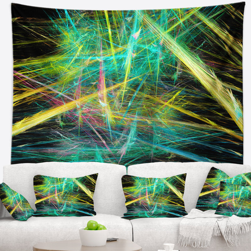 Tapisserie abstraite à motif fractal magique vert-jaune, H 50 po x l 60 po