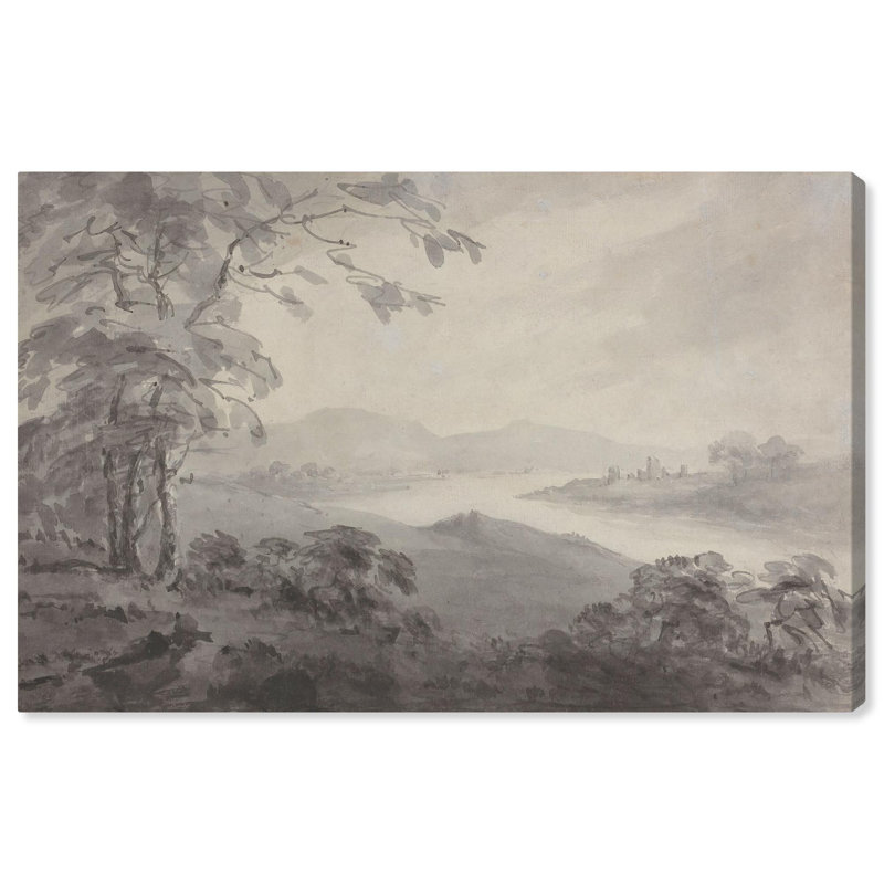 Paysage de rivière avec ruines, art rétro sur toile par Art Remedy, Toile tendue, H 10 po x l 15 po