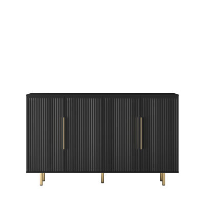 Black Fluted Modern Buffet Sideboard Cabinet With Storage And Adjustable Shelves