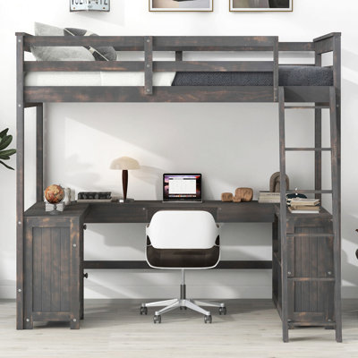 Lit mezzanine avec bureau en U, tiroirs et tablettes de rangement