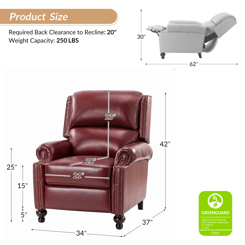 Fauteuil inclinable manuel en cuir véritable Adeesa, Cuir fleur bourgogne