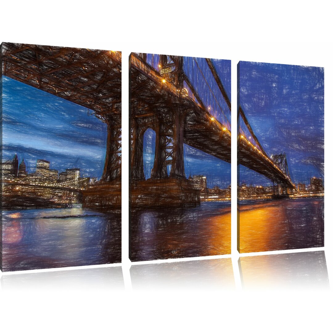 3-tlg. Leinwandbilder-Set „Manhatten Brücke New York“, Grafikdruck