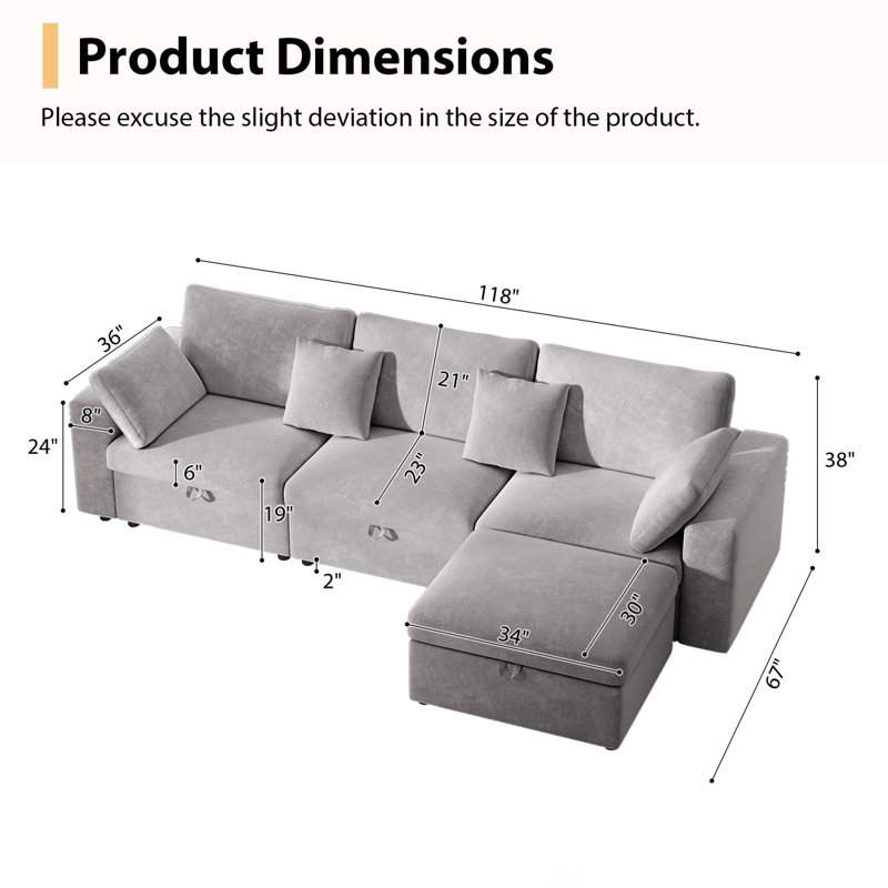 Canapé modulaire surdimensionné de 118 pouces avec repose-pieds avec rangement, canapé en L en velours avec coussins amovibles, rembourré pour le salon et la chambre à coucher, facile à assembler, gris