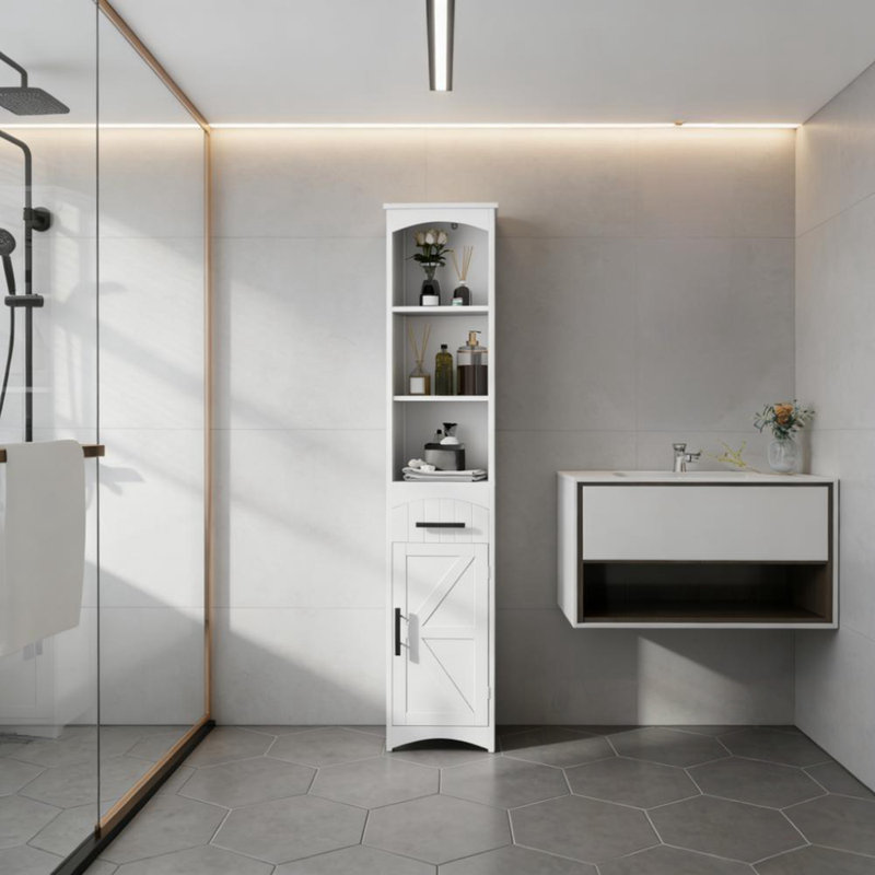 Armoire Dubuc avec tiroir et tablette ouverte, Blanc