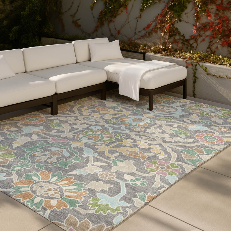Machine Washable Indoor/Outdoor Chantille ACN2587 Floral Rug, Gray, 8' x 10'