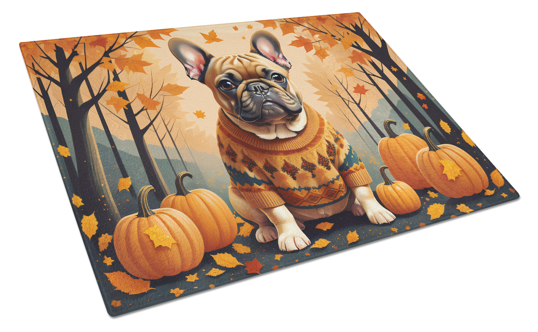 Caroline's Treasures Fawn French Bulldog Fall Glass Cutting Board Large