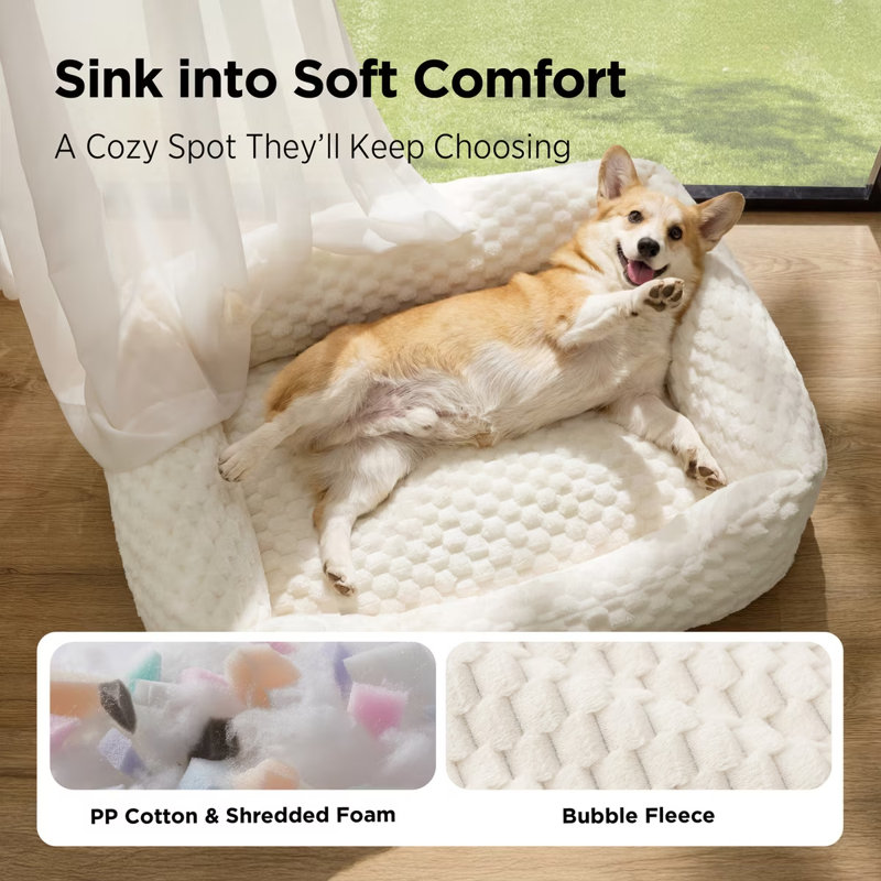 Lit pour chien avec traversin et housse lavable avec rembourrage en molleton Bubble, Crème, L (8" H x 35" W x 25" D)