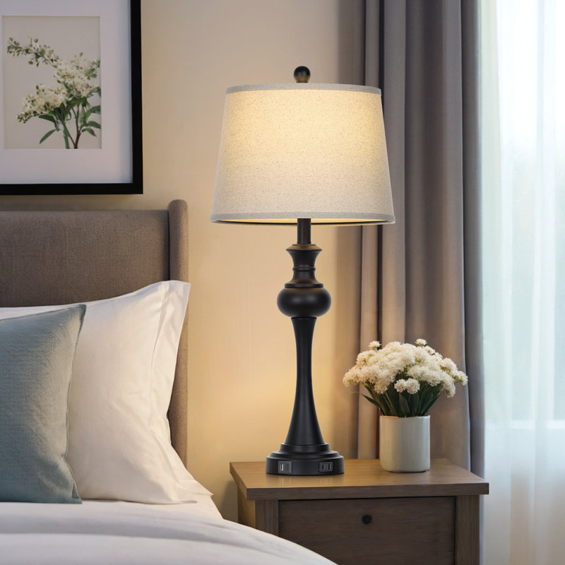 Lampe de table à intensité variable de 29 po en métal avec contrôle tactile et ports USB, ampoule incluse, Noir