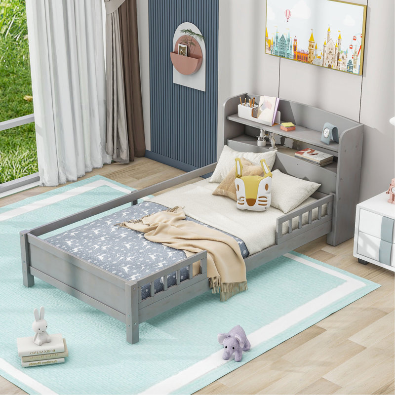 Lit plateforme simple en bois avec éclairage à DEL intégré, tête de lit avec rangement et garde-corps, Gris antique
