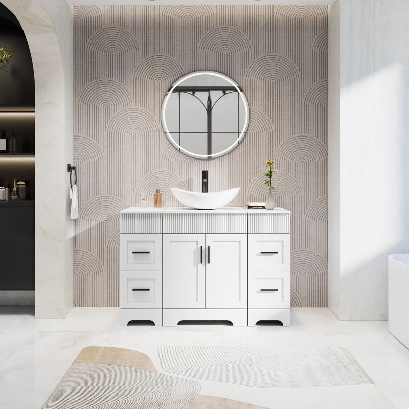 Meuble-lavabo simple 48 po avec lavabo vasque, plateau en bois manufacturé, peinture résistante à l'eau, Blanc, Blanc