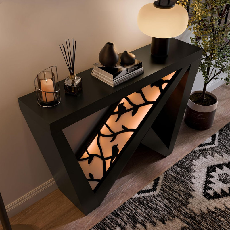Modern Decorative LED Console Table With W-Shaped Legs And Remote Control, USB-Powered Light Strip, Engineered Wood Top, And Anti-Tip Kit For Living Room, Hallway, Or Entryway