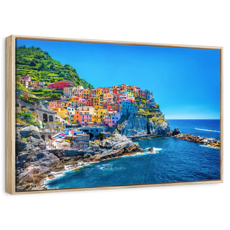 Cinque Terre, bord de mer, Cadre flottant en bois naturel, 43 po x 29 po