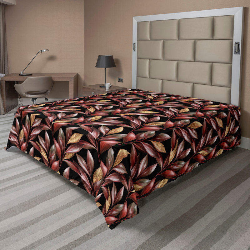 Drap plat Ambesonne Botanical - feuilles rouges et or - rouille foncée et caramel pâle